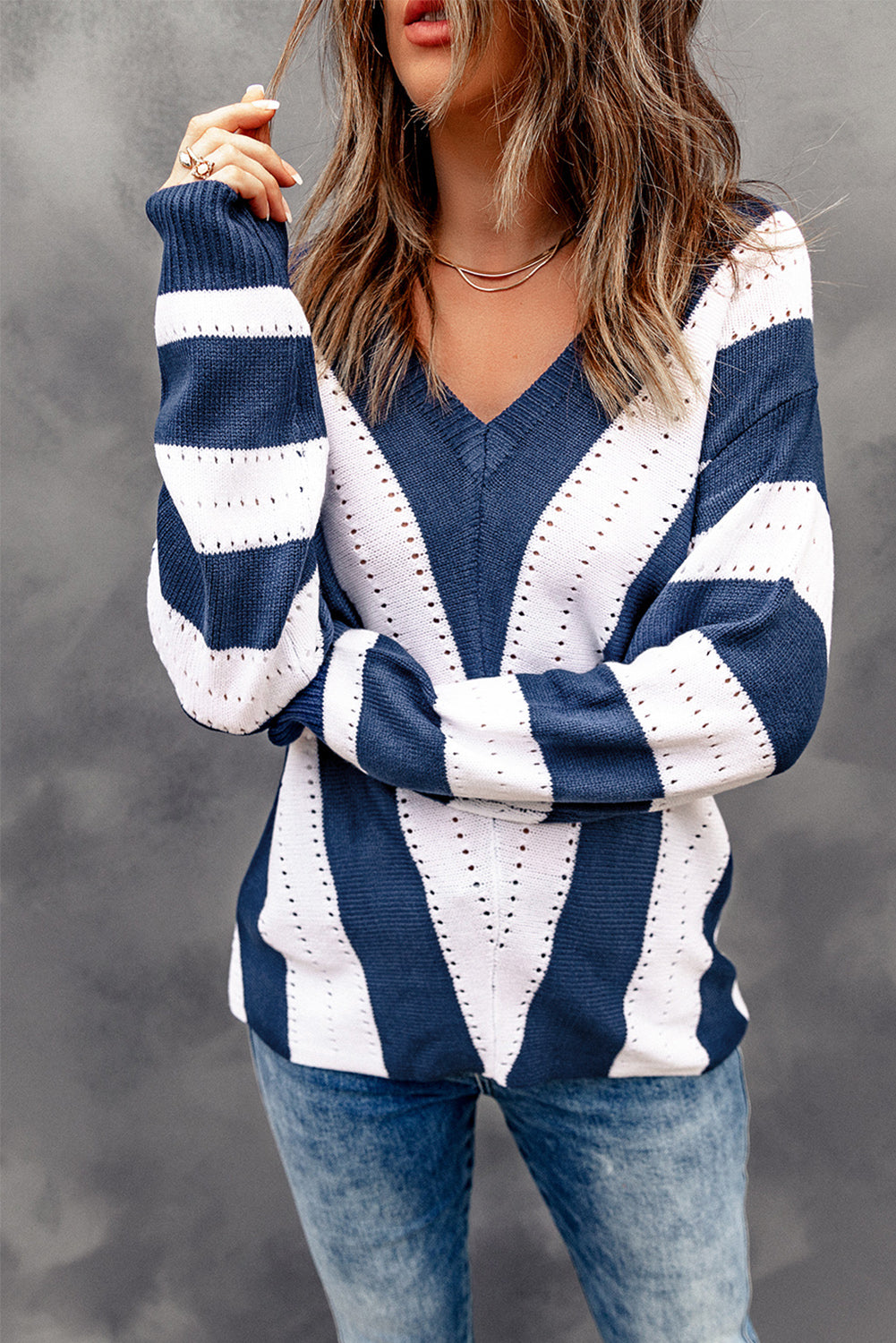 Blue Striped Colorblock V Neck Knitted Sweater Sweaters & Cardigans JT's Designer Fashion