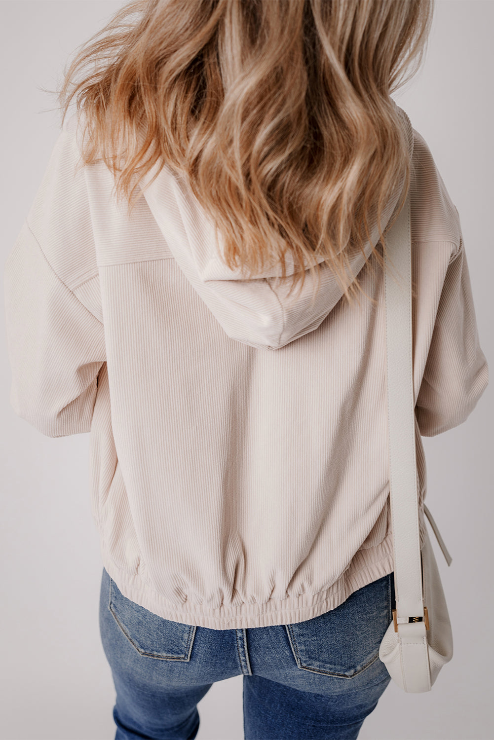White Corduroy Drawstring Hooded Pocket Zip Up Jacket Jackets JT's Designer Fashion