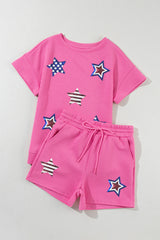 Strawberry Pink Solid Color Textured Sequined American Star Patched Short 2pcs Outfit Graphic Sets JT's Designer Fashion
