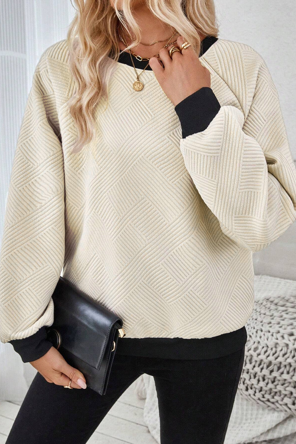 Jet Stream Color Block Edge Raglan Sleeve Crew Neck Textured Top Long Sleeve Tops JT's Designer Fashion