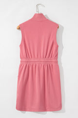 Mineral Red French Terry Zipped Collar Sleeveless Drawstring Waist Mini Dress Mini Dresses JT's Designer Fashion