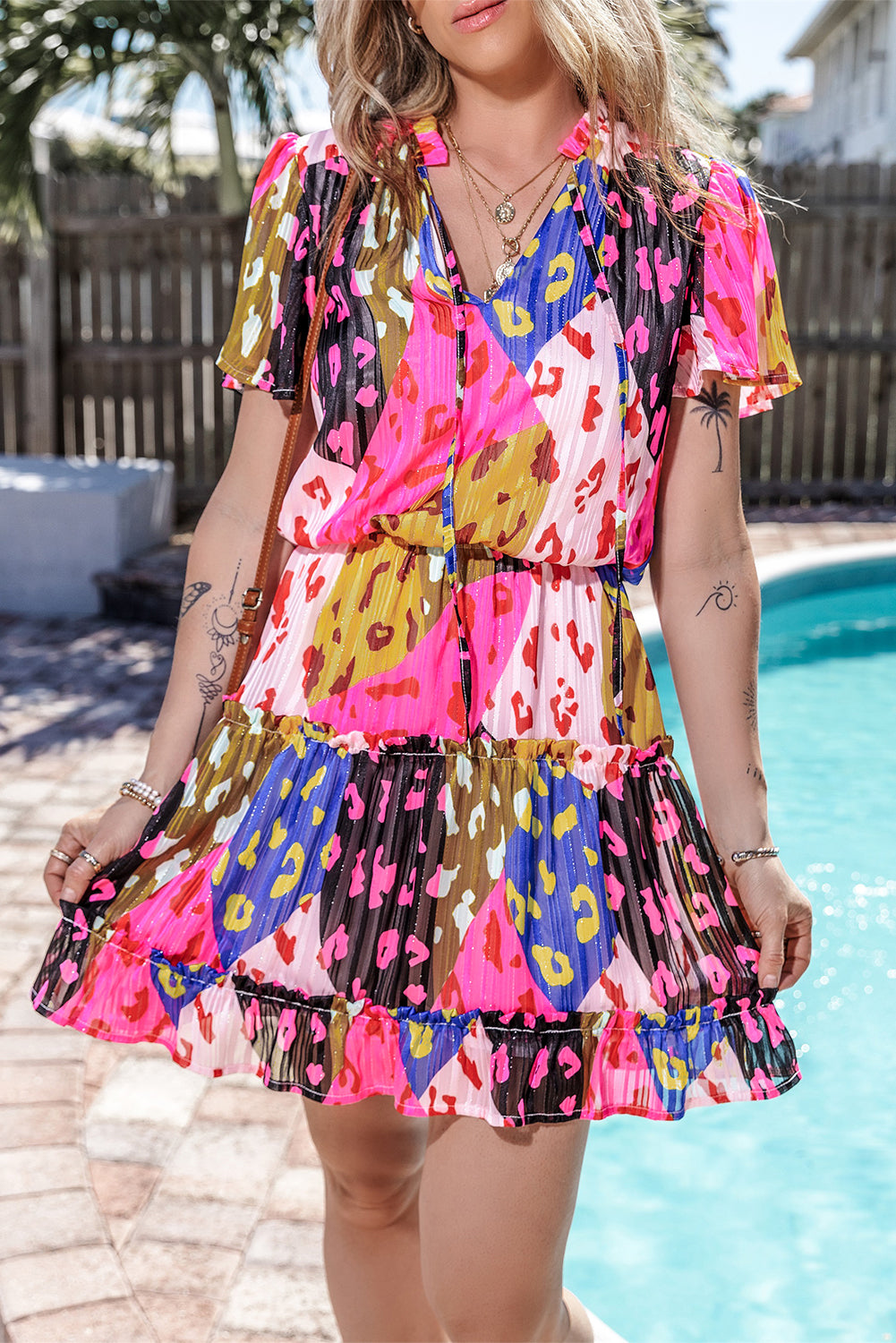 Rose Leopard Print Short Sleeve Tiered Ruffle Mini Dress Dresses JT's Designer Fashion