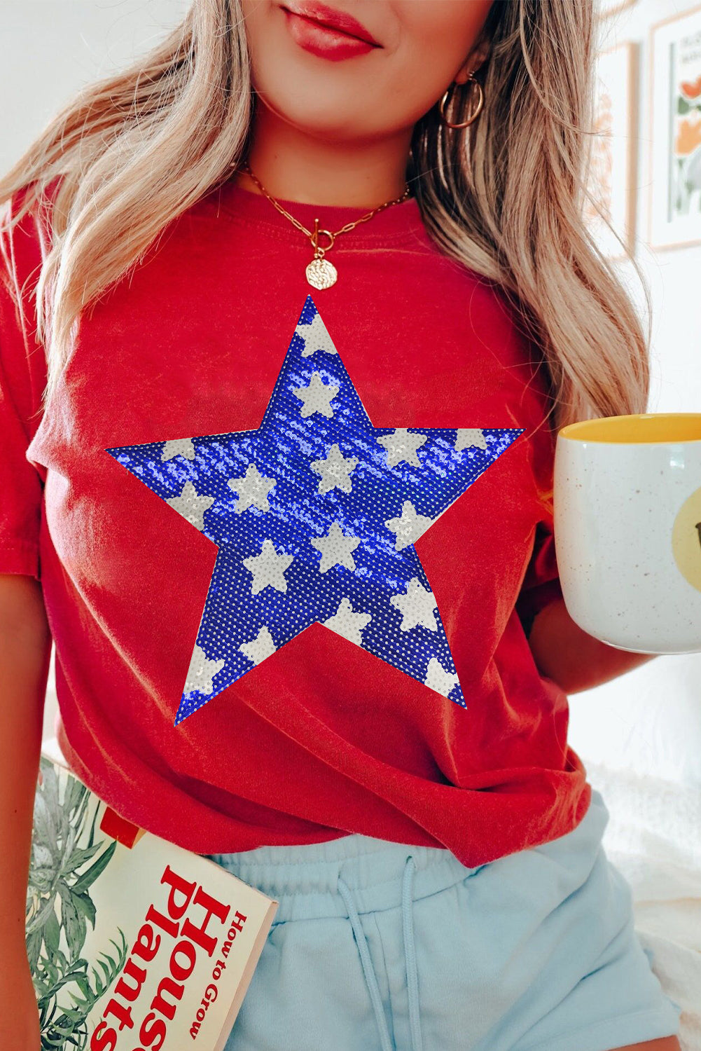 Red Sequin Star Graphic Crewneck T Shirt Graphic Tees JT's Designer Fashion