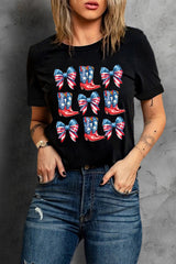 Black Stars and Stripes Bowknot Cowgirl Boots Graphic Patriotic Tee Graphic Tees JT's Designer Fashion