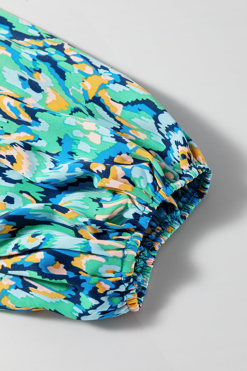Green Abstract Print Puff Sleeve V Neck High Waist Romper Jumpsuits & Rompers JT's Designer Fashion