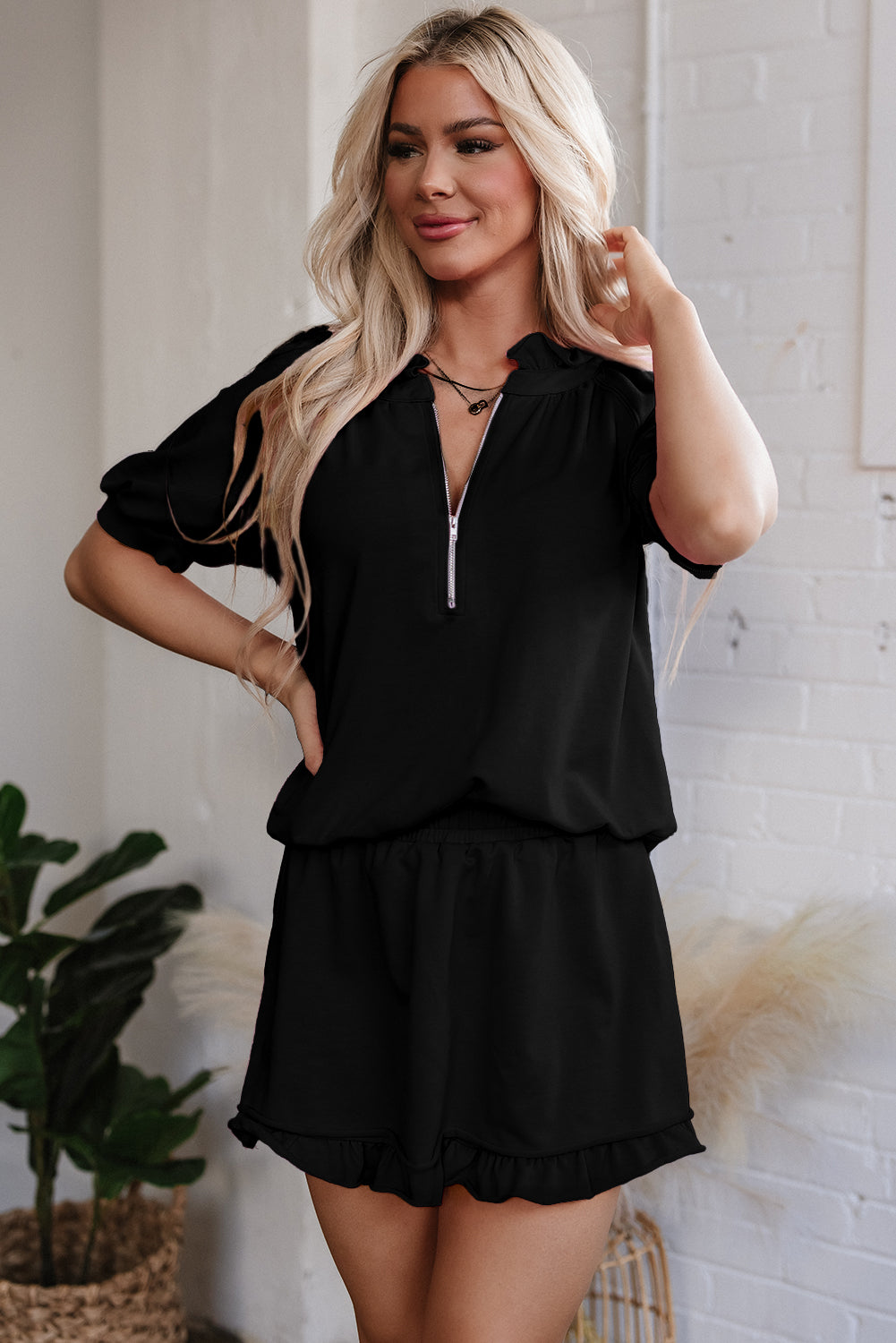 Black Half Zip Puff Sleeve Top and Ruffled Shorts Set Short Sets JT's Designer Fashion