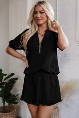 Black Half Zip Puff Sleeve Top and Ruffled Shorts Set Short Sets JT's Designer Fashion