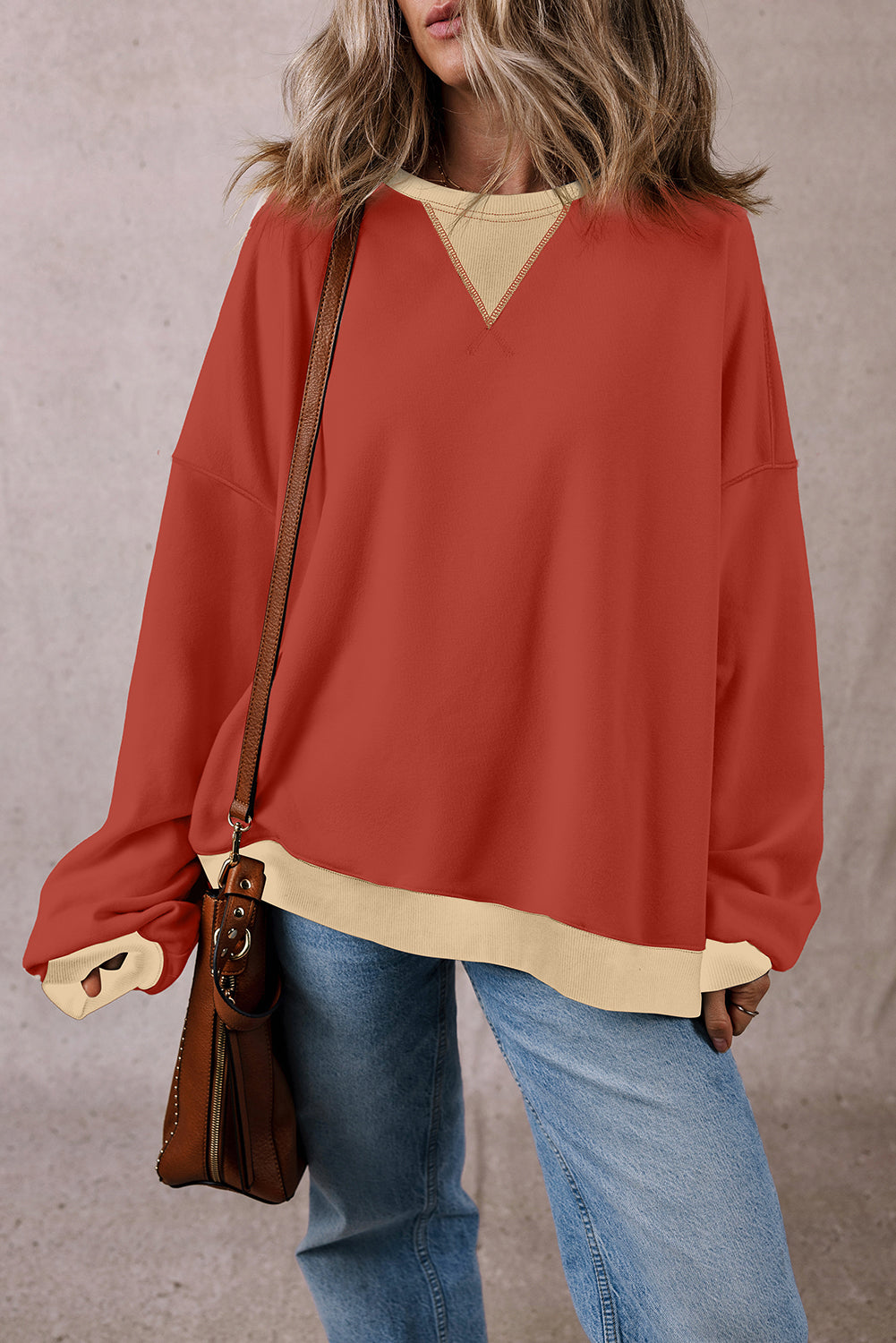Red Clay Color Block Patch Drop Shoulder Oversized Sweatshirt Sweatshirts & Hoodies JT's Designer Fashion