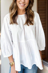 Bow Round Neck Three-Quarter Sleeve Blouse White Blouses & Shirts JT's Designer Fashion