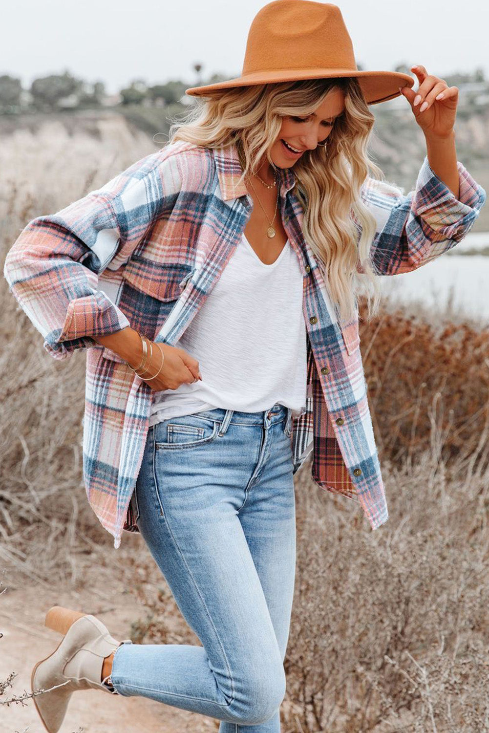 Pink Plaid Flap Pockets Shacket Plaid Shackets JT's Designer Fashion