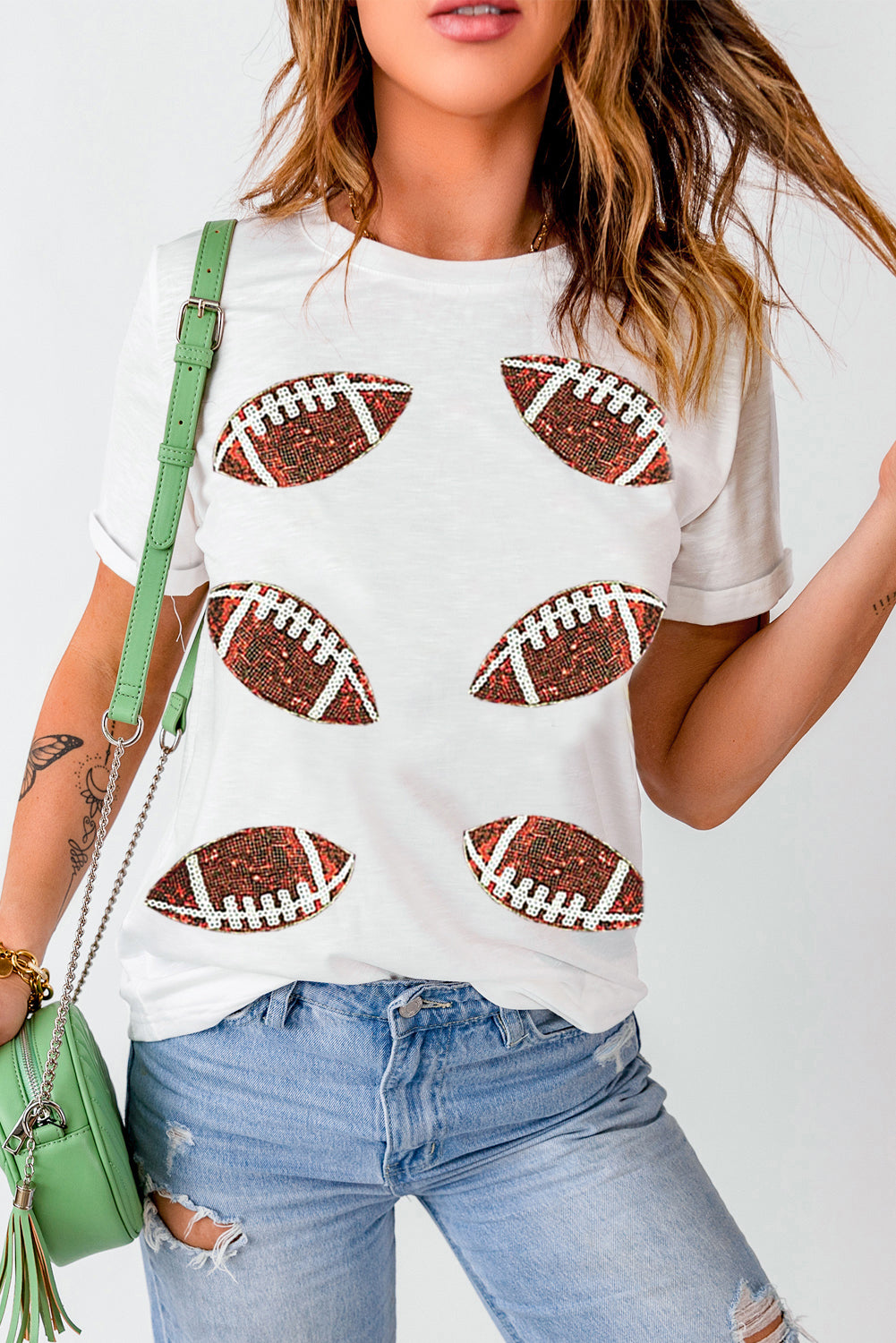 White Sequined Rugby Graphic Cotton T Shirt Graphic Tees JT's Designer Fashion