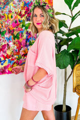 Light Pink Waffle Knit Oversize Tee and Shorts Set Short Sets JT's Designer Fashion