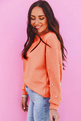 Blossom Pearled Sleeves Drop Shoulder Round Neck Pullover Sweatshirt Sweatshirts & Hoodies JT's Designer Fashion