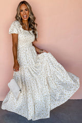 White Frilly Shirred Bodice Tiered Floral Long Dress Maxi Dresses JT's Designer Fashion