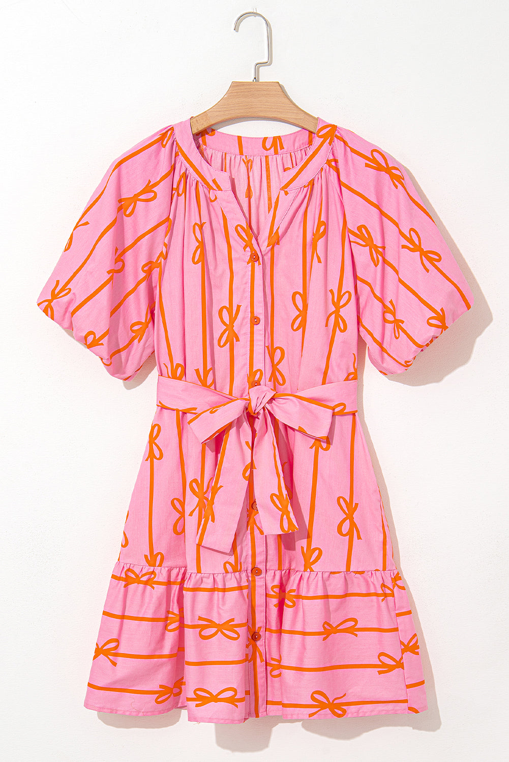 Pink Bowknot Striped Printed Bubble Sleeve Buttoned Belted Mini Dress Mini Dresses JT's Designer Fashion