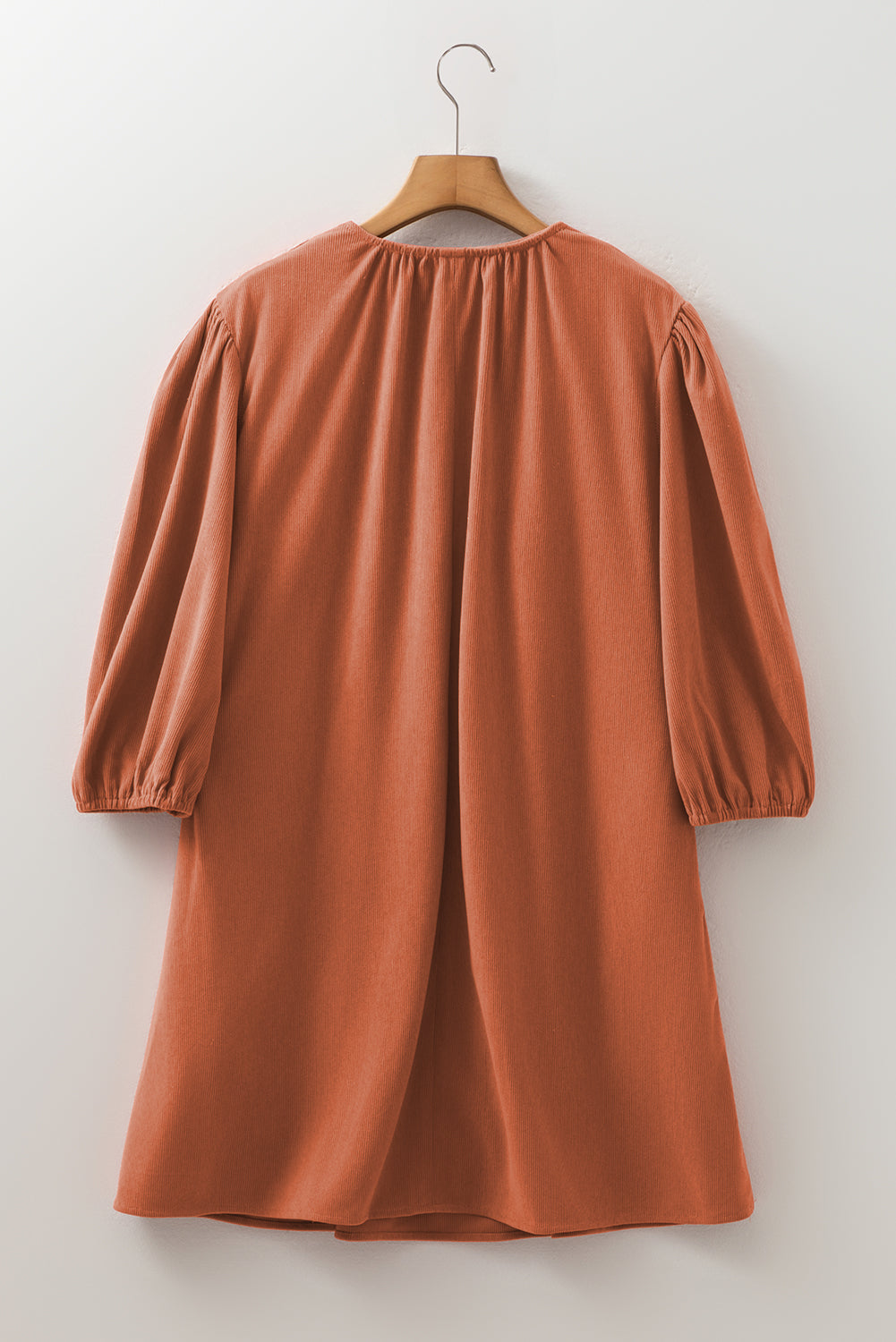 Cinnamon Bracelet Sleeve Split Neck Scallop Detail Pleated Corduroy Mini Dress Mini Dresses JT's Designer Fashion