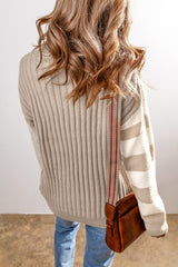 Khaki Cable Knit Colorblock Crew Neck Drop Shoulder Sweater Sweaters JT's Designer Fashion