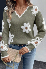 Seagrass Plush Flower Pattern Scalloped Trim V Neck Sweater Seagrass 51%Polyamide+49%Polyester Sweaters JT's Designer Fashion