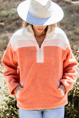 Orange Colorblock Half Zipper Stand Neck Sherpa Sweatshirt Sweatshirts & Hoodies JT's Designer Fashion