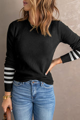 Black Striped Sleeve Plain Knit Sweater Sweaters JT's Designer Fashion