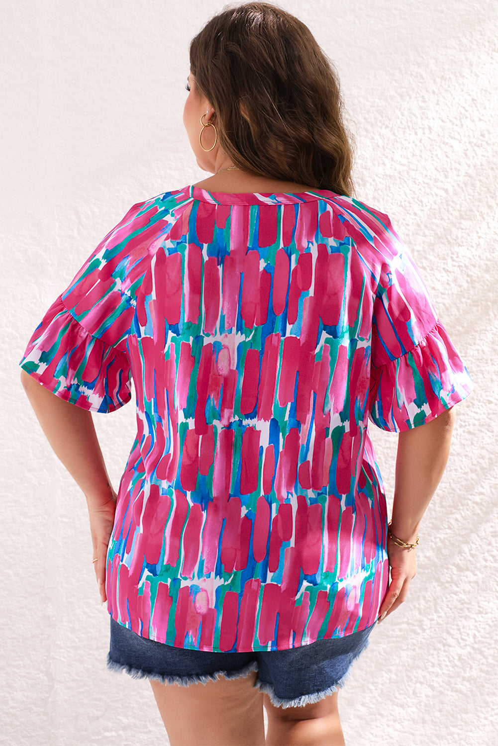 Rose Plus Brushstroke Ruffle Sleeve Button V Neck Blouse Plus Size JT's Designer Fashion