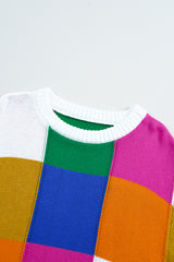 Orange Checkered Color Block Round Neck Loose Sweater Sweaters JT's Designer Fashion