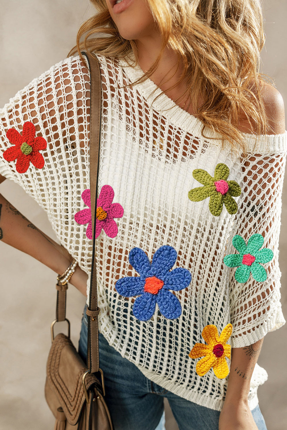White Big Flower Crochet Loose Sweater T Shirt Sweaters & Cardigans JT's Designer Fashion