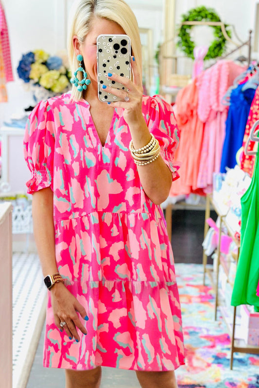 Pink Abstract Printed V Neck Loose Dress Dresses JT's Designer Fashion