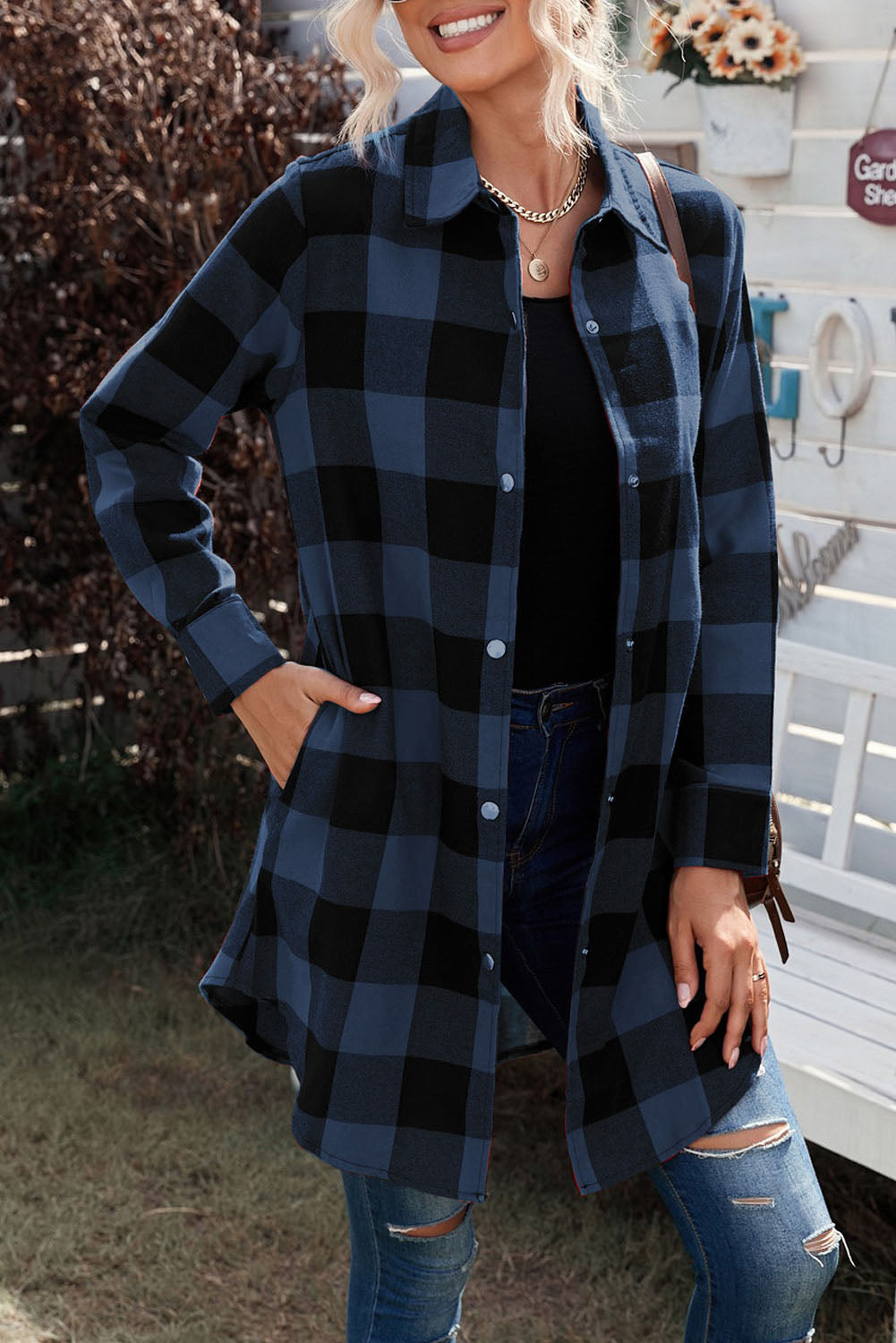 Blue Turn-down Collar Plaid Shirt Jacket Plaid Shackets JT's Designer Fashion