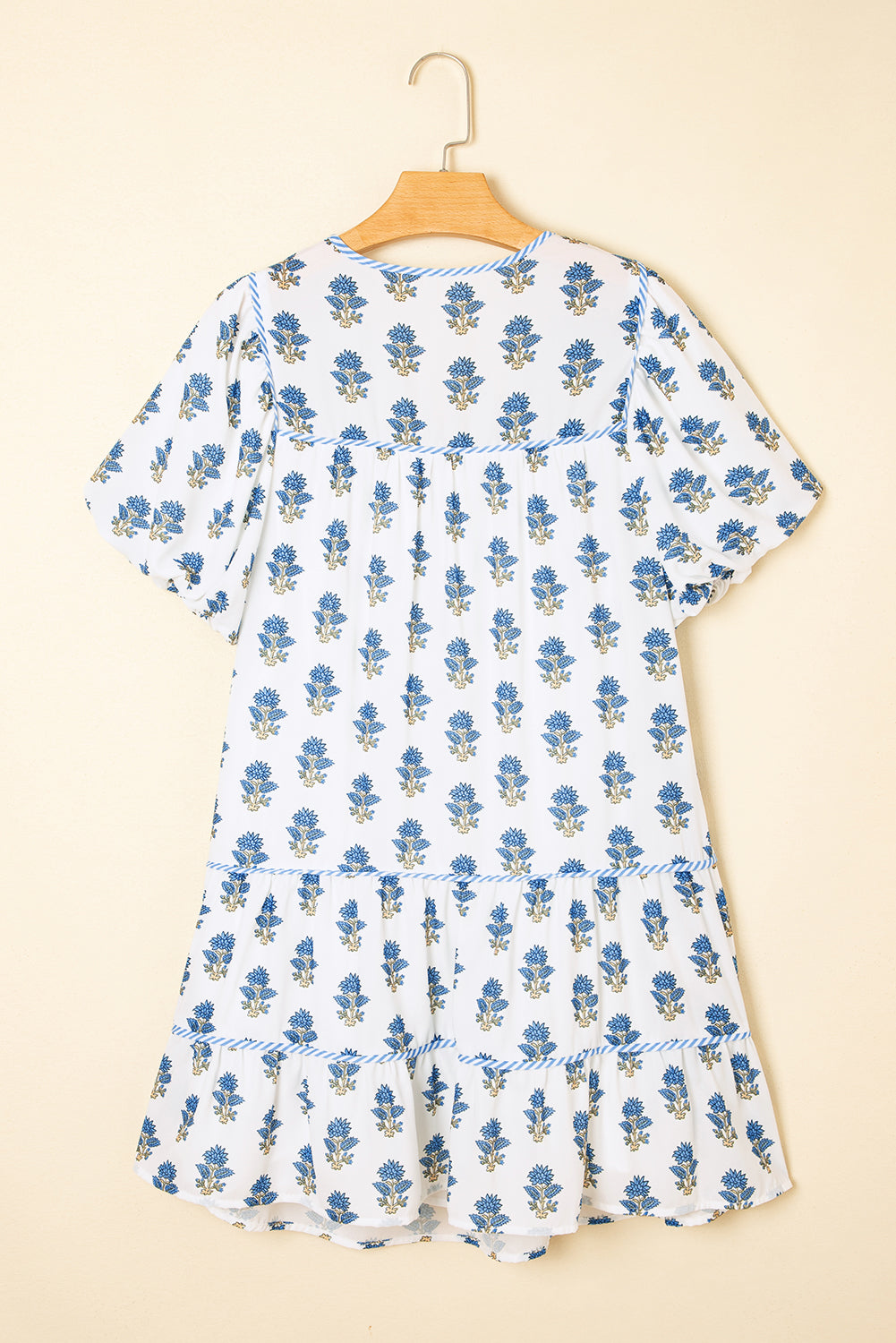 Sky Blue Floral Puff Sleeve Tied Neck Pocketed Mini Dress Floral Dresses JT's Designer Fashion