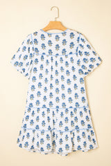 Sky Blue Floral Puff Sleeve Tied Neck Pocketed Mini Dress Floral Dresses JT's Designer Fashion