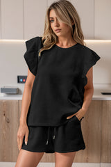 Black Textured Ruffled Sleeve Tee and Drawstring Elastic Waistband Shorts Set Short Sets JT's Designer Fashion