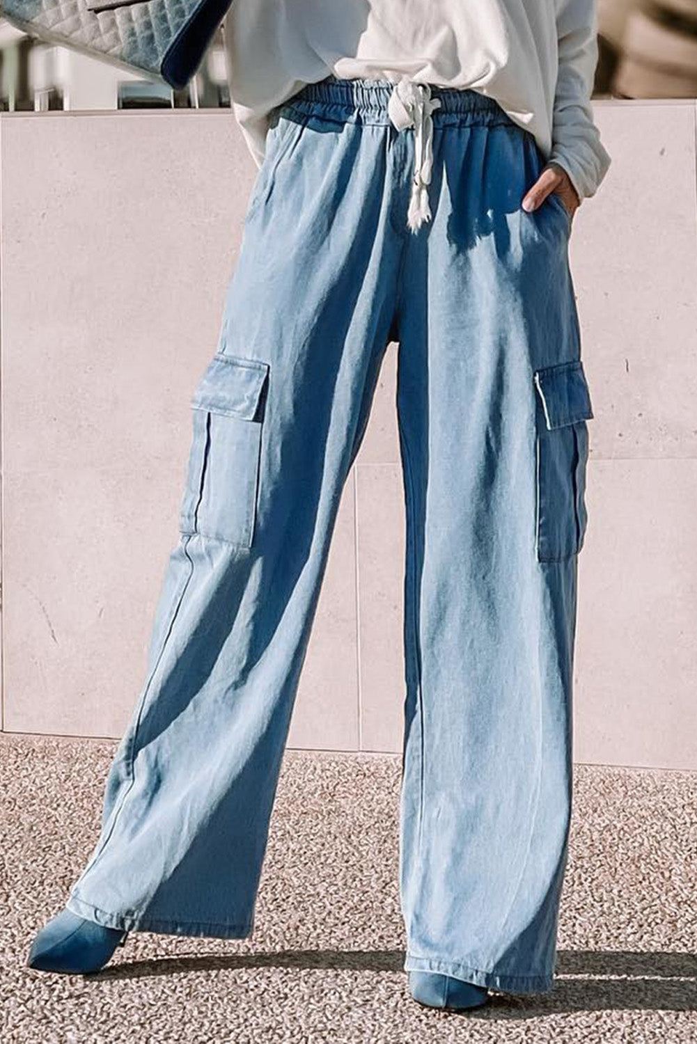 Sky Blue Drawstring High Waist Cargo Pocket Wide Leg Jeans Sky Blue 100%Lyocell Jeans JT's Designer Fashion