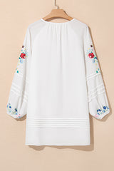 White Floral Print Boho Tassel Tie Split Neck Tucking Detail Puff Sleeve Mini Dress Mini Dresses JT's Designer Fashion