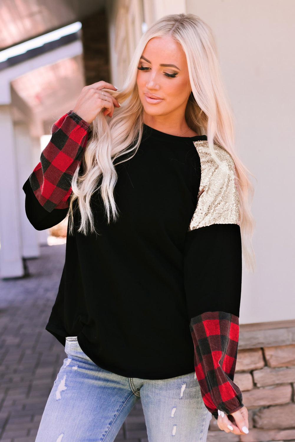 Black Crewneck Lantern Sleeve Plaid Sequin Splicing Blouse Long Sleeve Tops JT's Designer Fashion