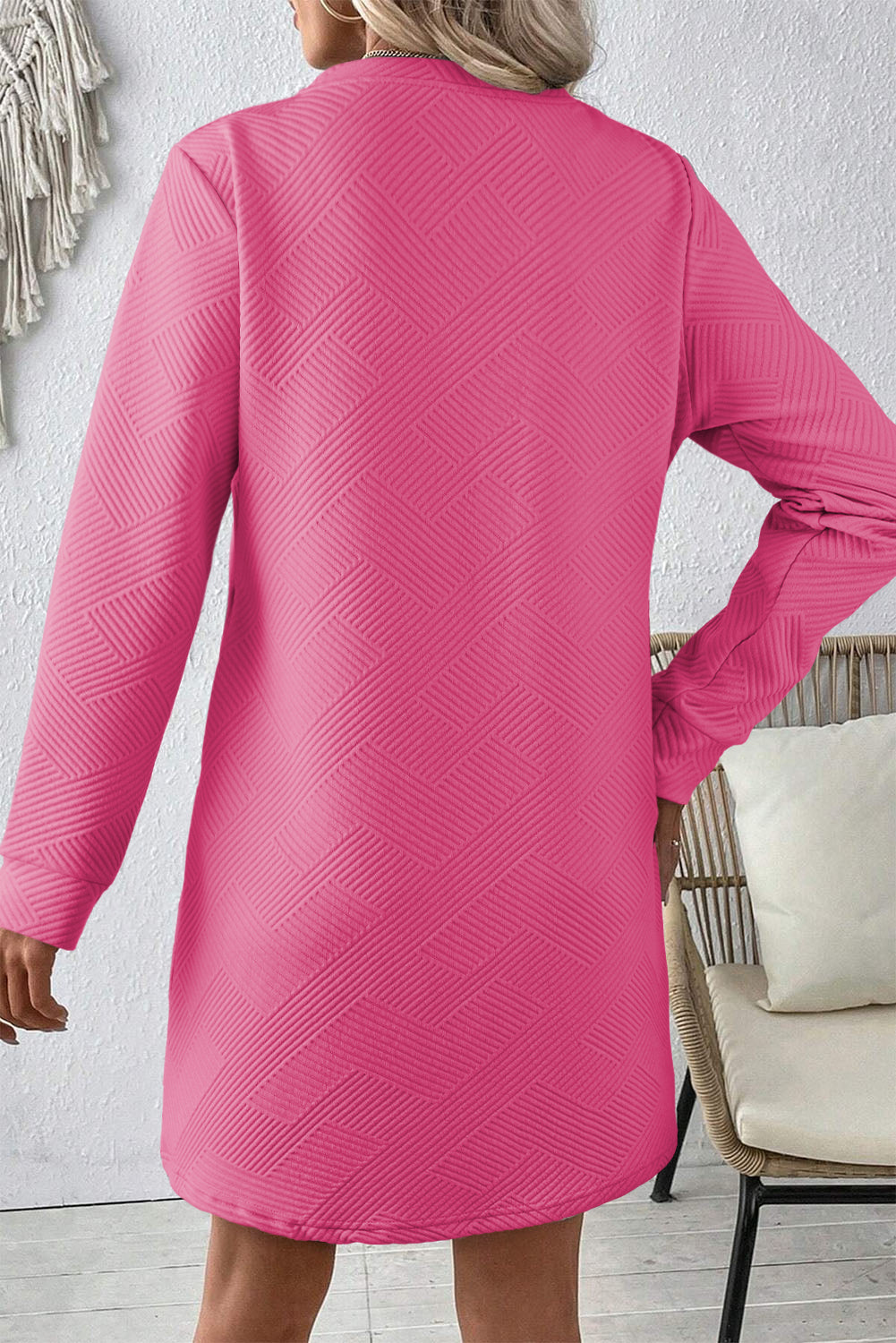 Rose Red Solid Color Textured Long Sleeve Shift Dress Mini Dresses JT's Designer Fashion