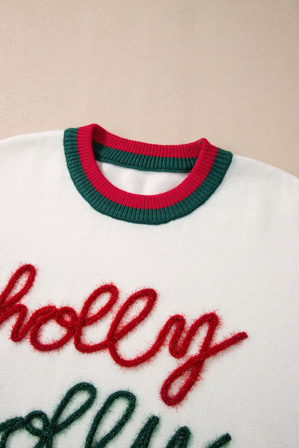 White Tinsel holly jolly Pattern Colorblock Edge Drop Shoulder Plus Size Sweater Plus Size Sweaters & Cardigans JT's Designer Fashion