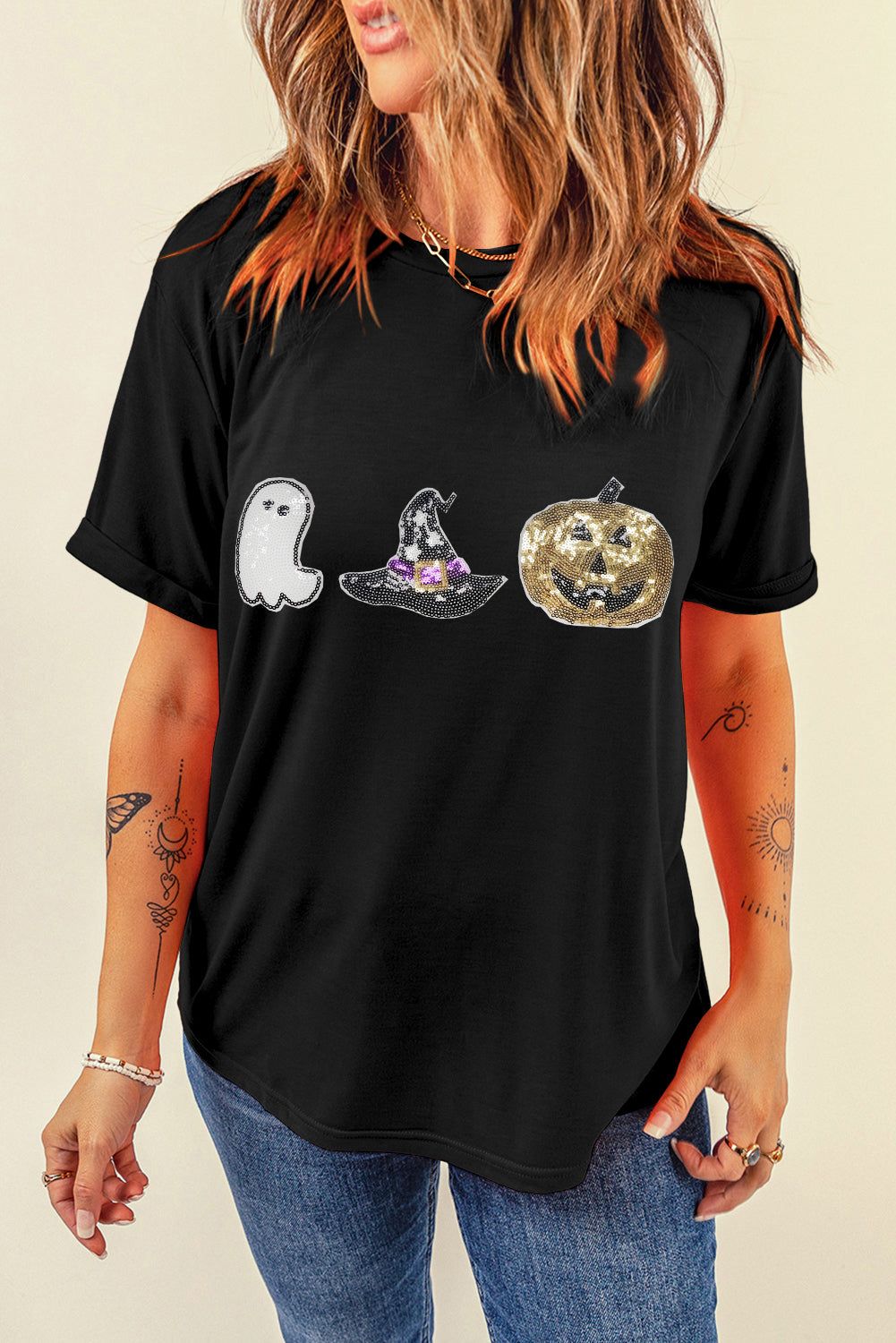 Black Halloween Sequin Pattern Patched Crewneck Tee Graphic Tees JT's Designer Fashion