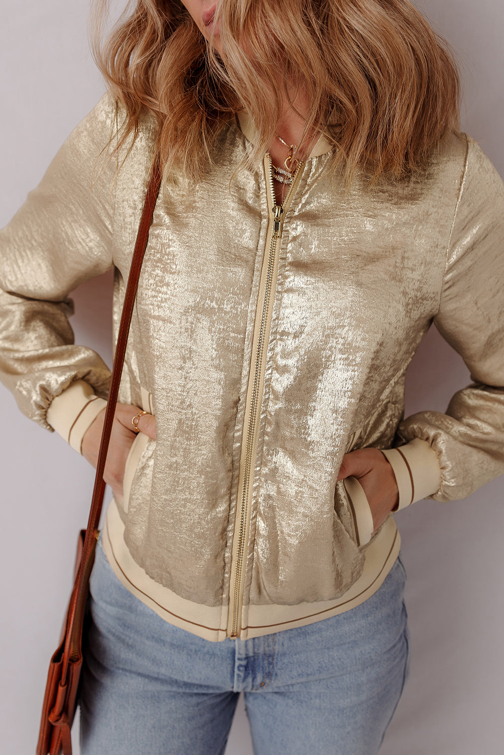 Pale Khaki Metallic Zip up Baseball Jacket Jackets JT's Designer Fashion