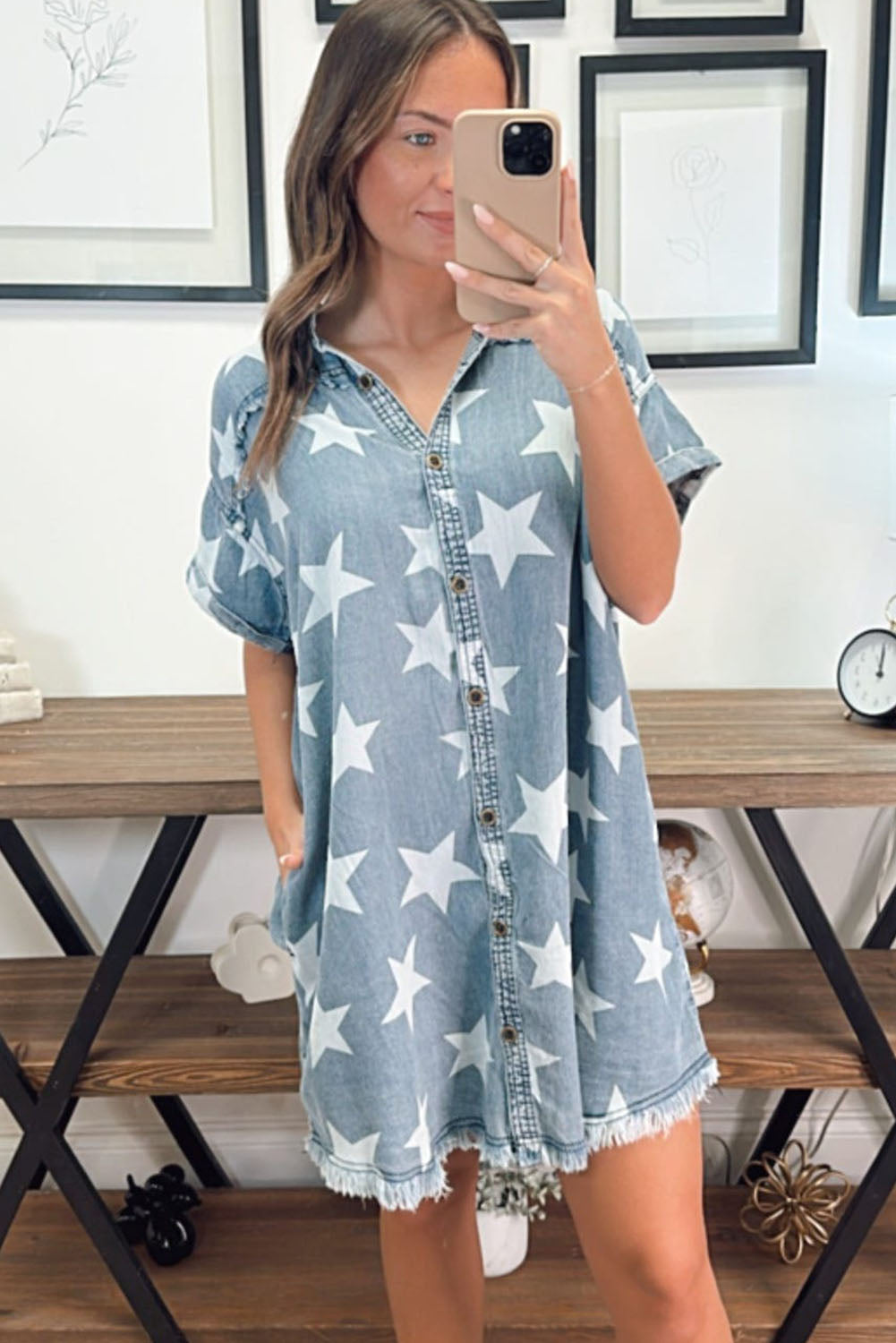 Sky Blue Star Print Frayed Buttoned Shift Denim Mini Dress Dresses JT's Designer Fashion