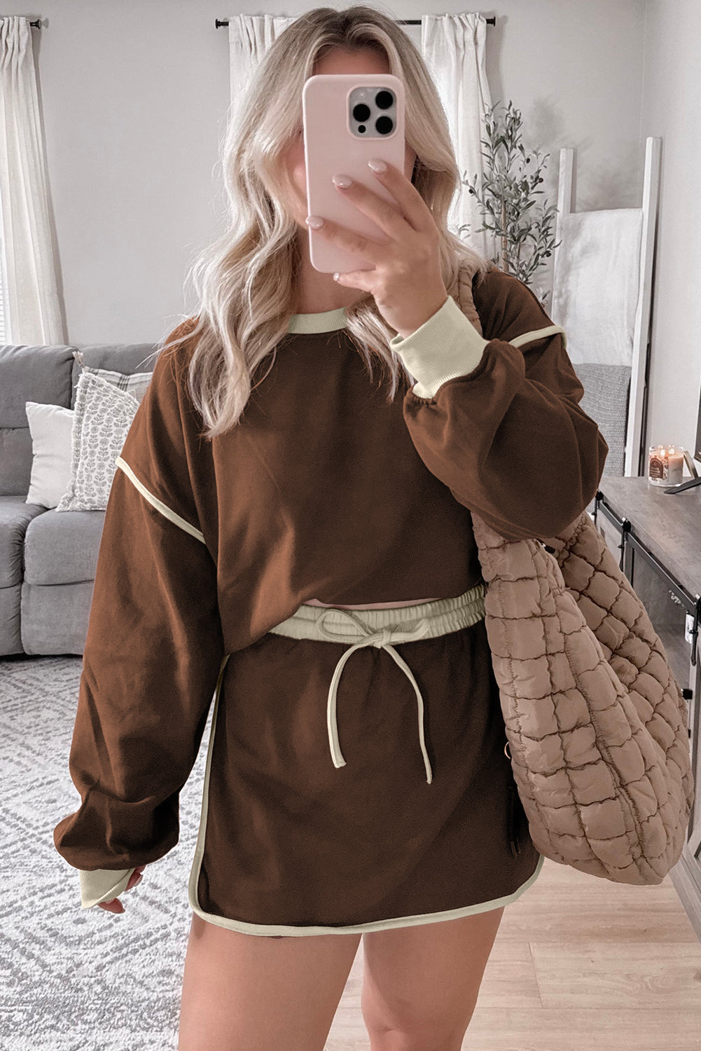 Coffee Color Contrast Loose Pullover and Lace-up Waist Skort Set Two Piece Dresses JT's Designer Fashion