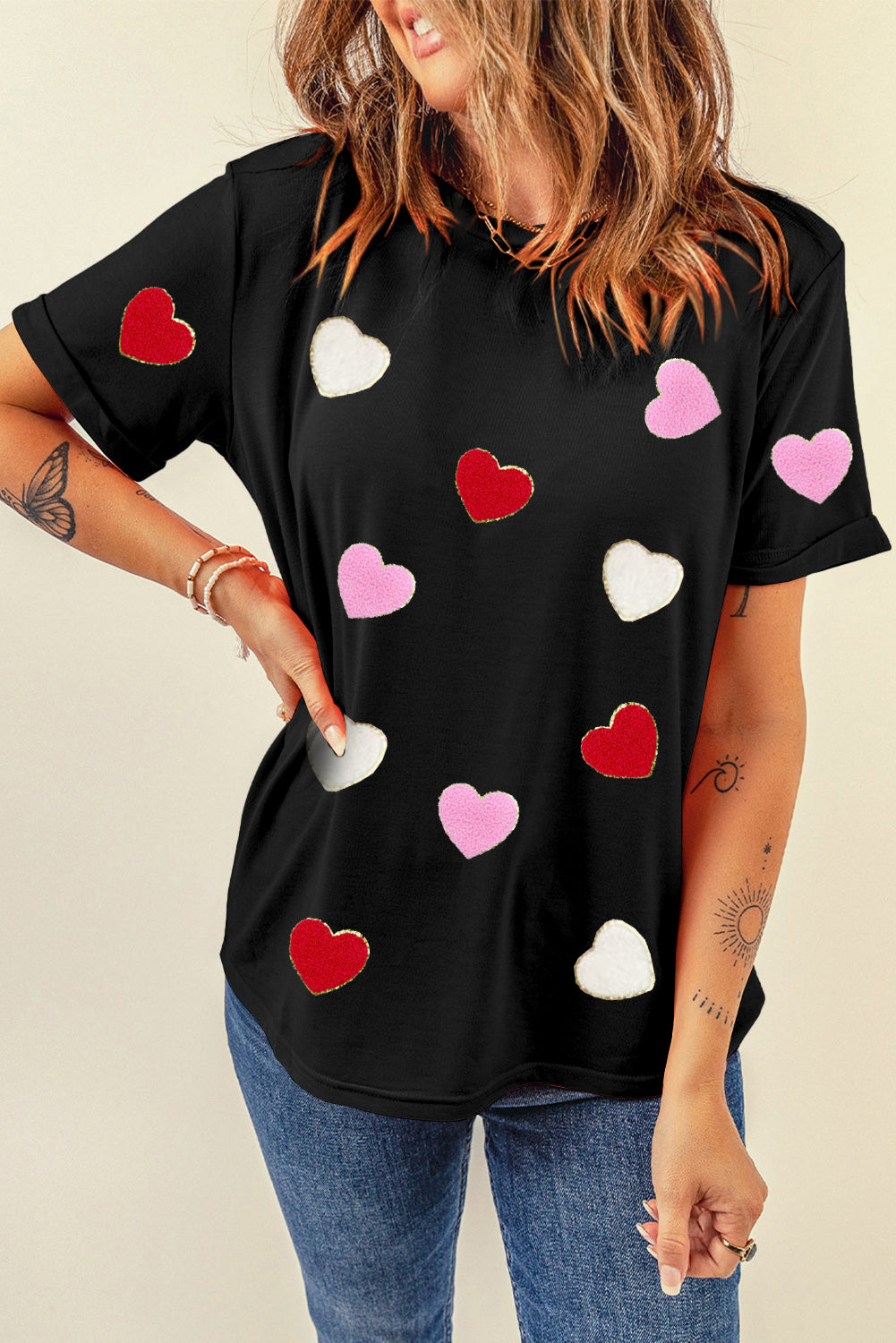 Black Valentines Chenille Heart Patched Pattern Crewneck Tee Graphic Tees JT's Designer Fashion