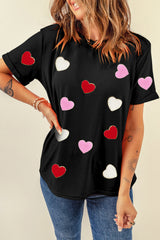 Black Valentines Chenille Heart Patched Pattern Crewneck Tee Graphic Tees JT's Designer Fashion