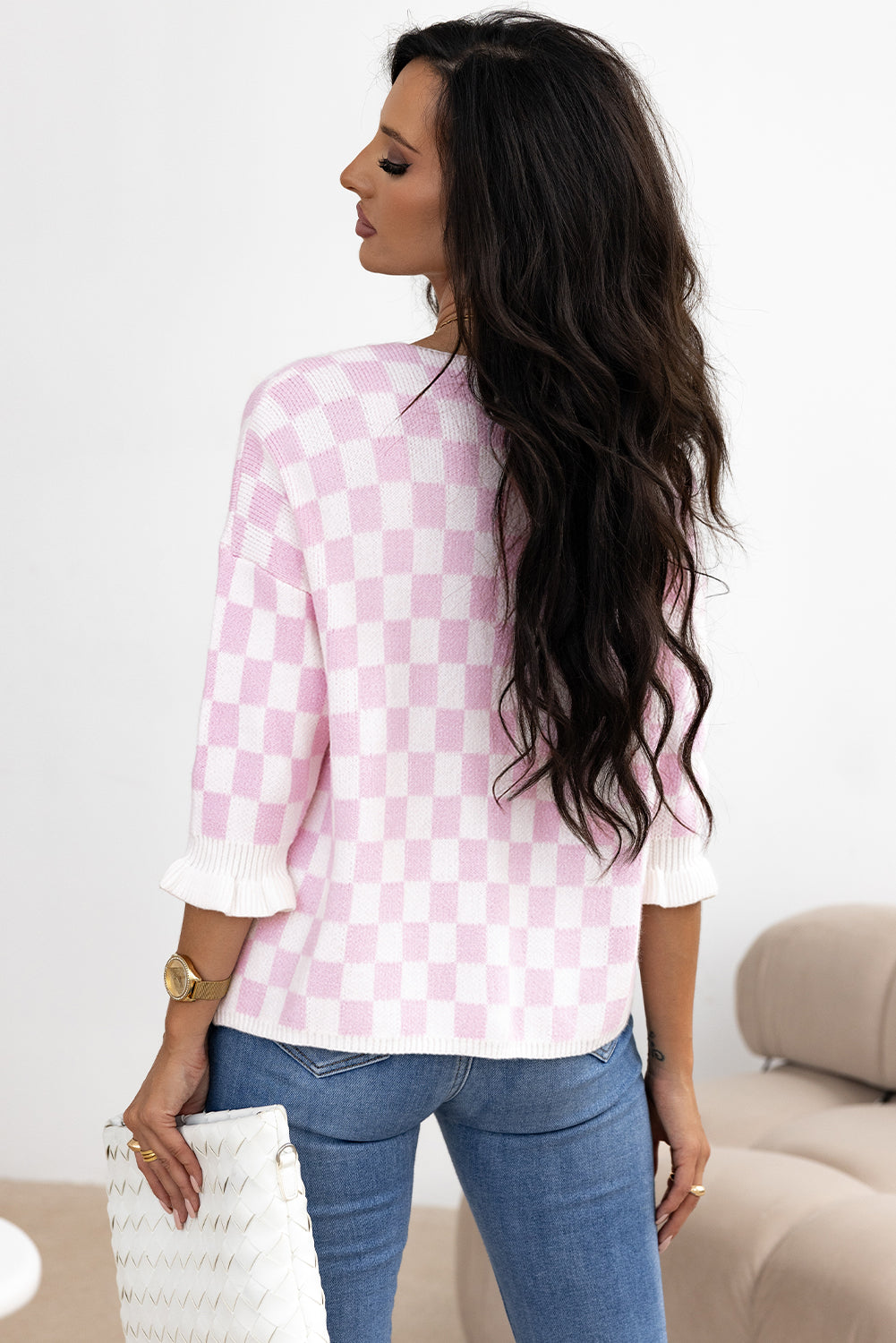 Light Pink Checkered Knitted Lace-up Ruffled 3/4 Sleeve Cardigan Cardigans JT's Designer Fashion