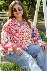 Orange Floral Geometric Patchwork Lace-up V-neck Plus Size Blouse Plus Size Blouses & Shirts JT's Designer Fashion