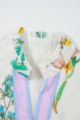 White Floral Print Contrast Striped Patchwork Short Puff Sleeve Dress Floral Dresses JT's Designer Fashion