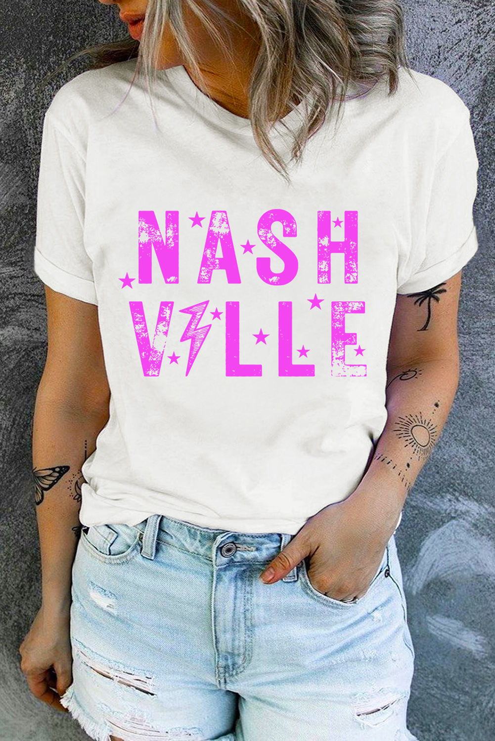 White NASHVILLE Star Graphic Crewneck T Shirt Graphic Tees JT's Designer Fashion