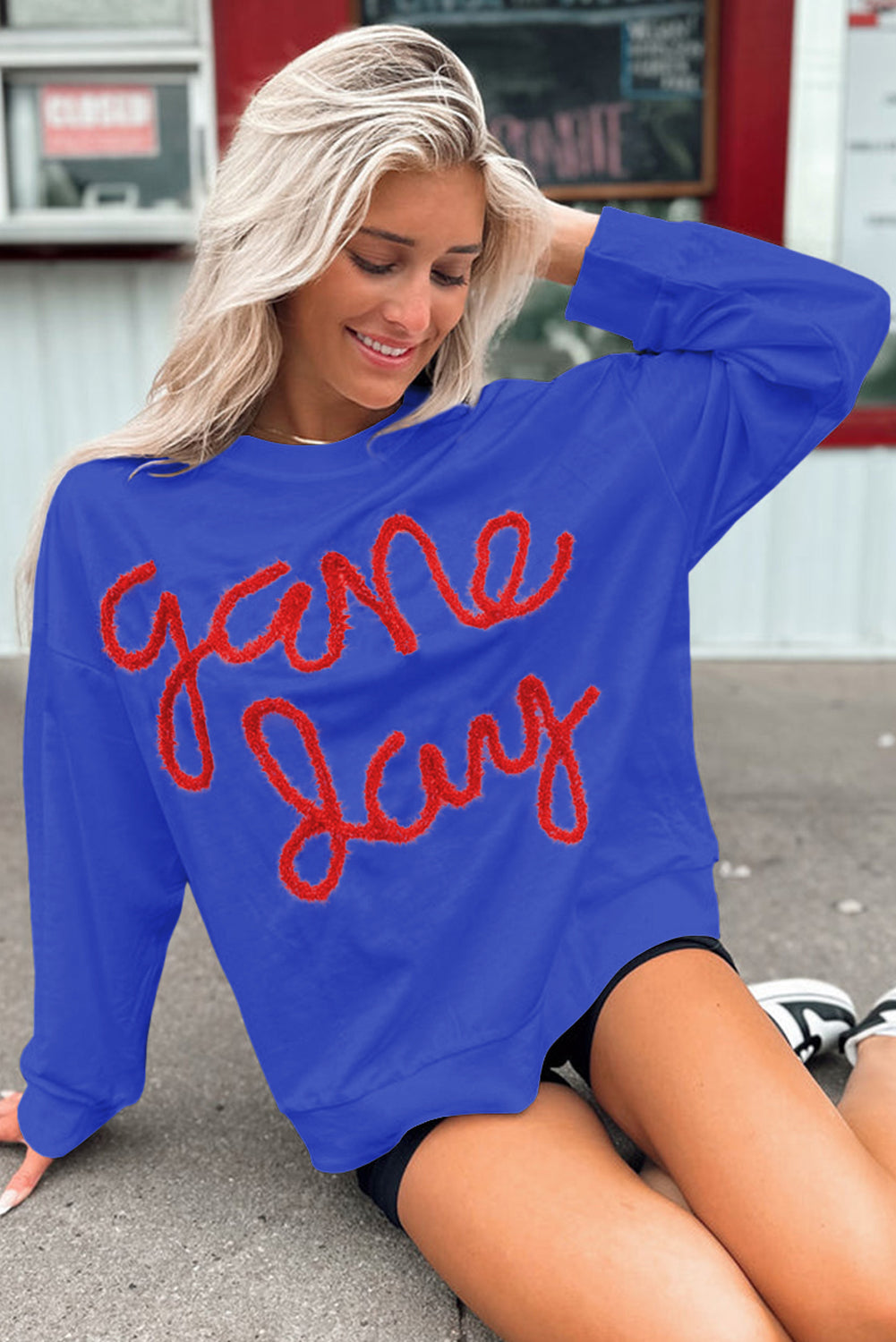 Dark Blue Tinsel Game Day Drop Shoulder Graphic Sweatshirt Sweatshirts & Hoodies JT's Designer Fashion