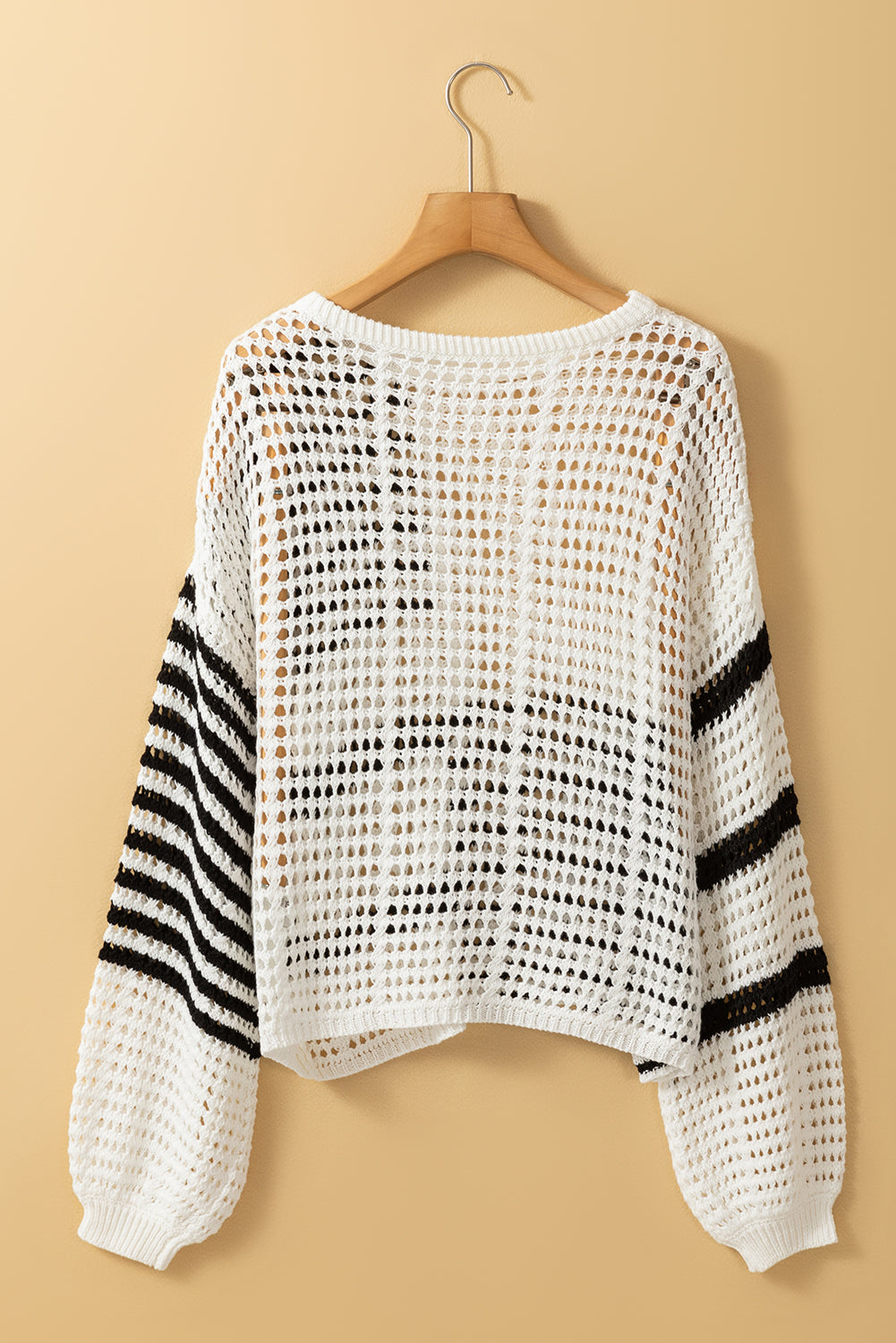 White Stripe Contrast Striped Crochet Puff Sleeve Sweater Sweaters JT's Designer Fashion