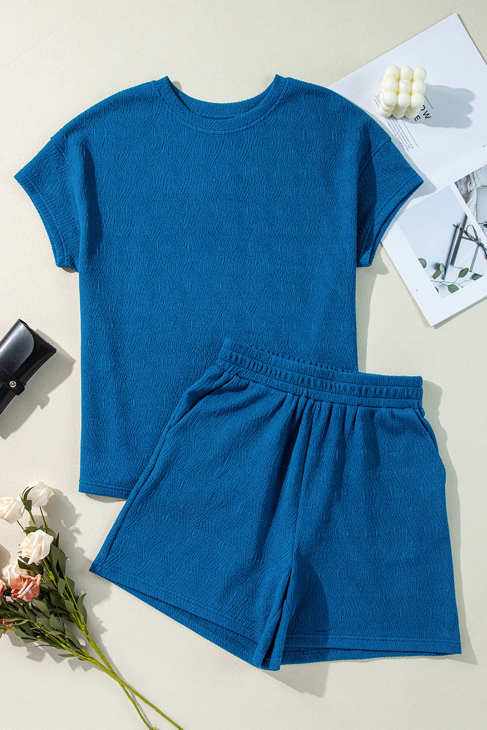 Bluing Solid Textured Crew Neck Short Set Short Sets JT's Designer Fashion